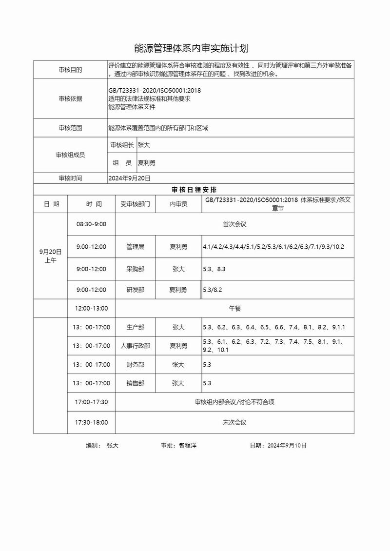 能源管理體系內(nèi)部審核實施計劃